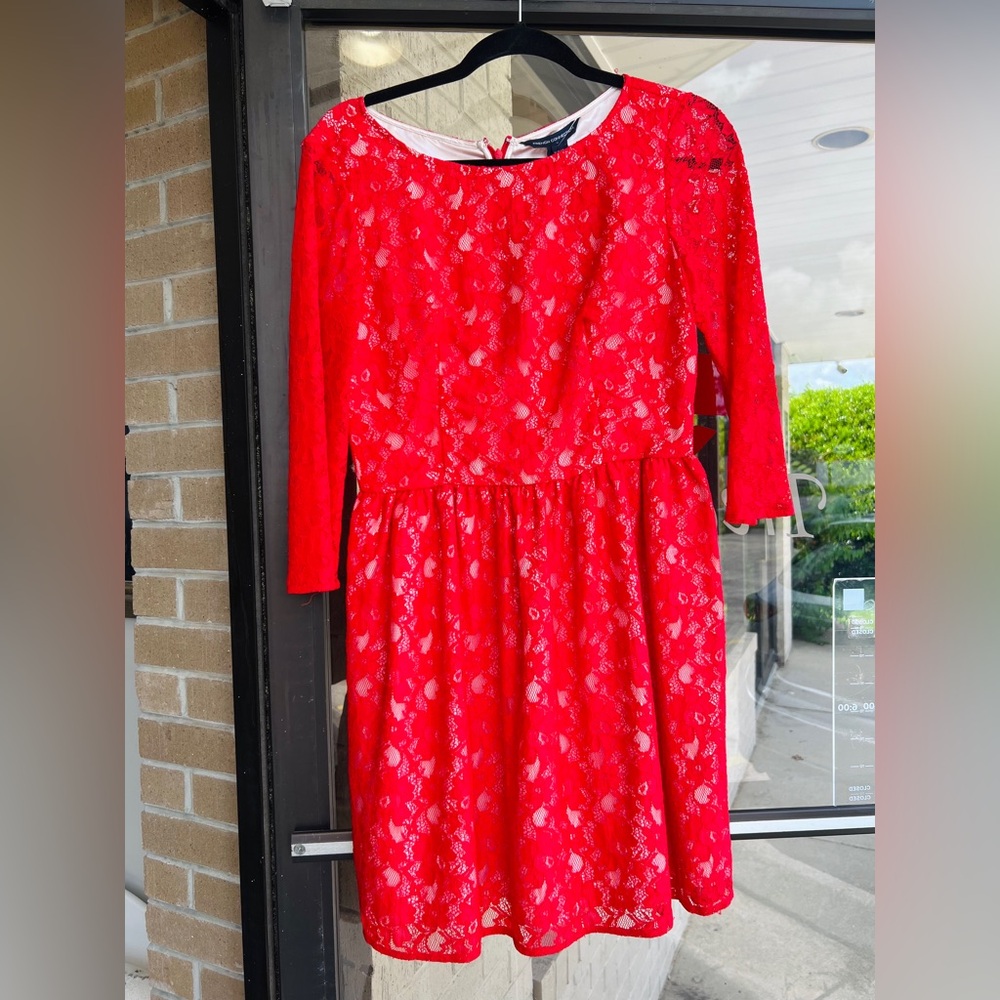 French Connection Red Bateau Neck 3/4 Sleeve Sundress